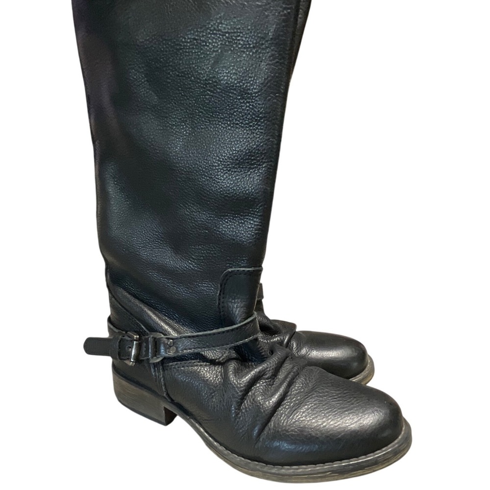 Steve Madden Ravinn Boots Women Size 7 Leather Knee High Moto Black Buckle Zip